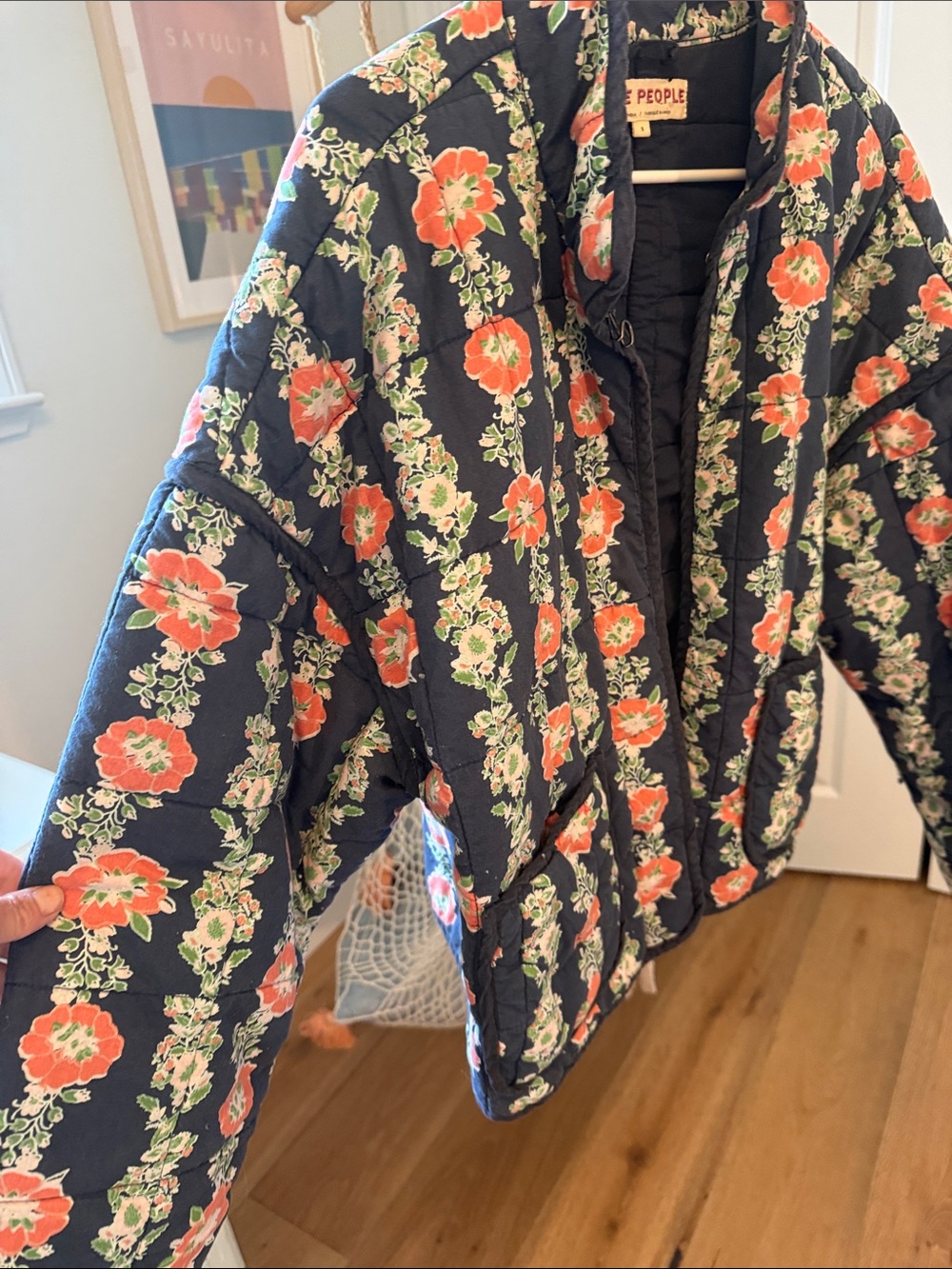 Free People Black Quilted Jacket with Coral & Cream Floral Print - Picture 6 of 10